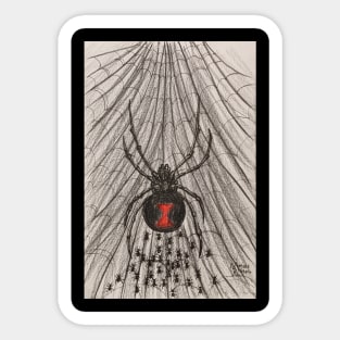 Black widow spider with baby spiders Sticker